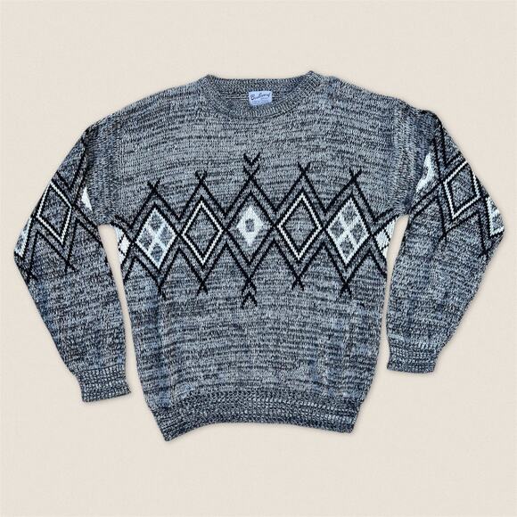 Vintage 90s Gray Black Diamond Argyle Grandpa Sweater Boulevard - Size XL Tall - Picture 1 of 4